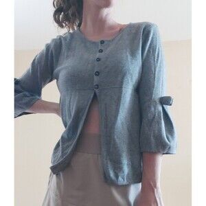 Grey Bow Bell Sleeve Sweater Button Split Open Front (Estimated) Sz Medium